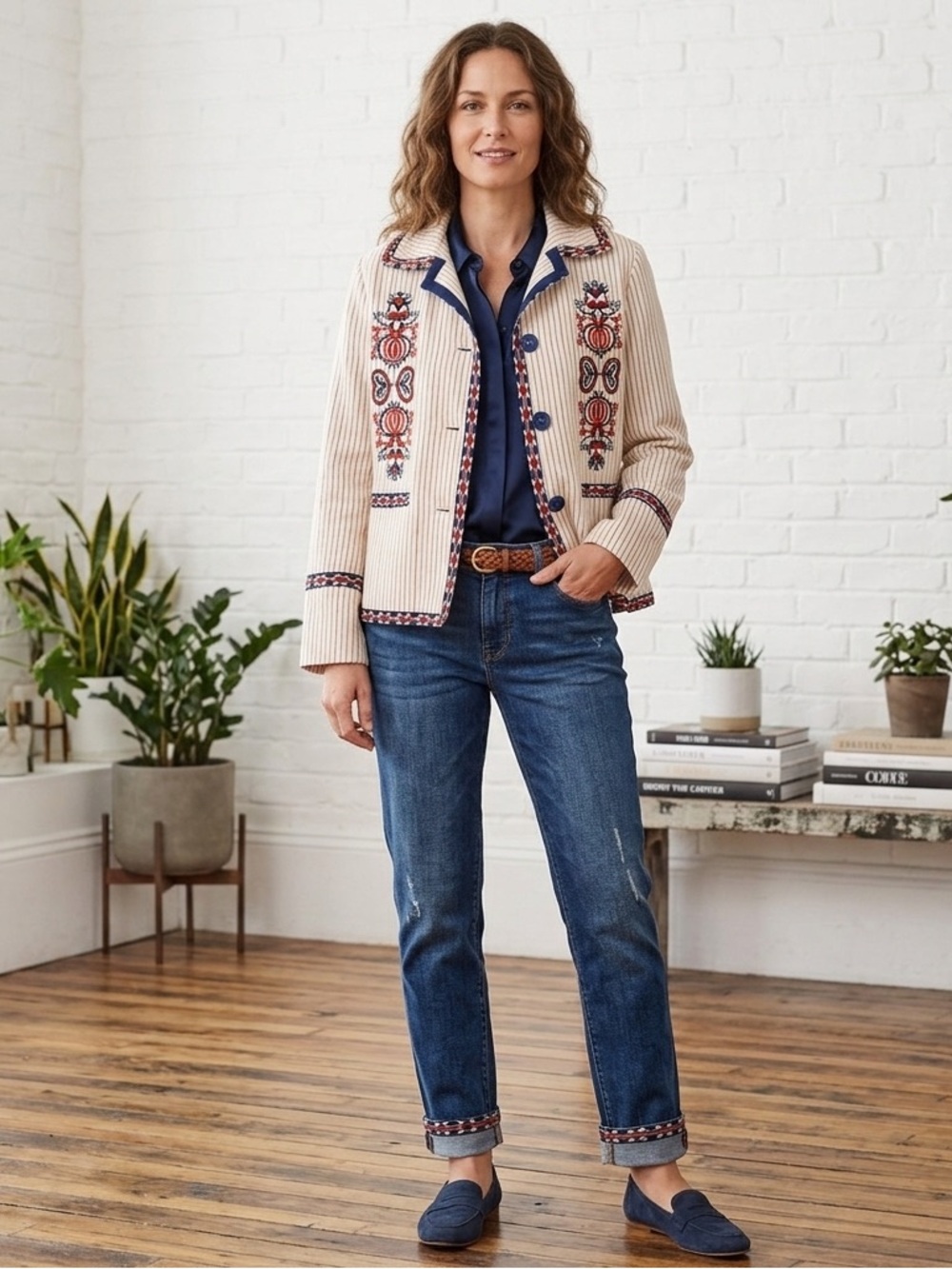 Max Studio London Natalie Embroidered Blazer Jacket L Large Cream Red Boho Folk - Picture 3 of 13